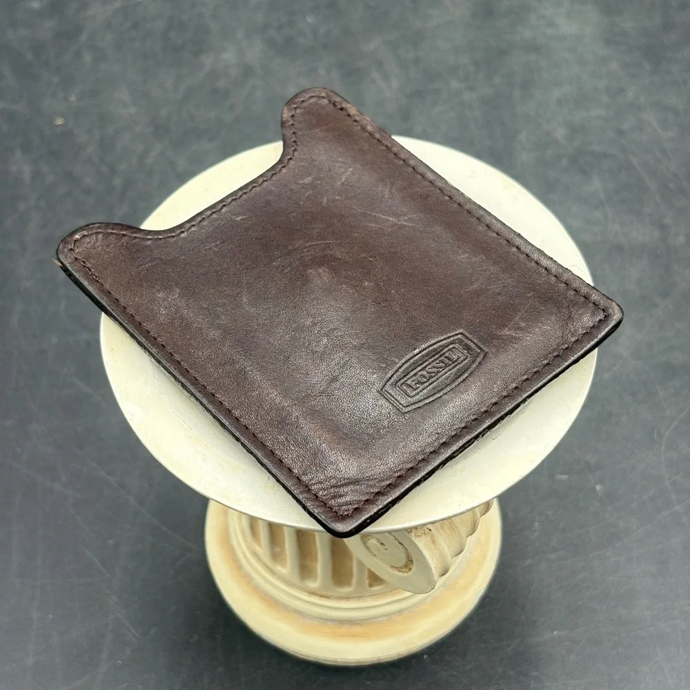 Fossil Mens Brown Leather Slim Card Holder Wallet with Brass Money Clip